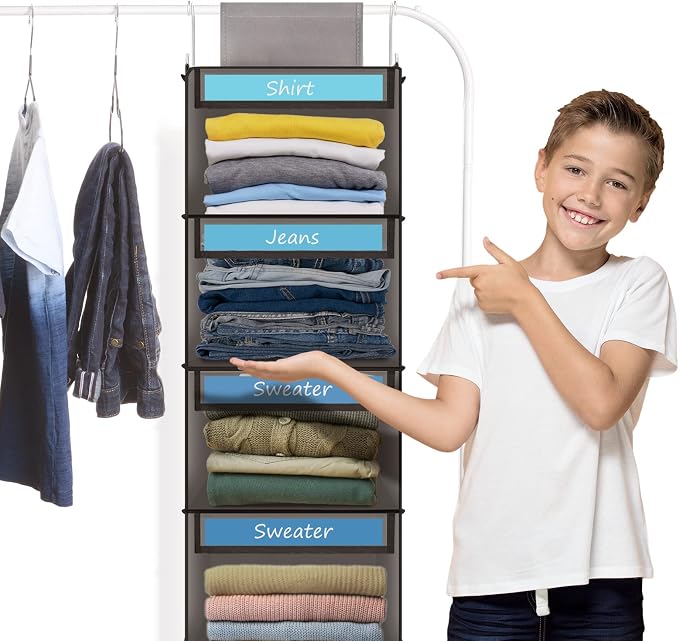 Fixwal Weekly Kids Clothes Organizer 6-Shelf Hanging Closet Storage Grey | - Image 2