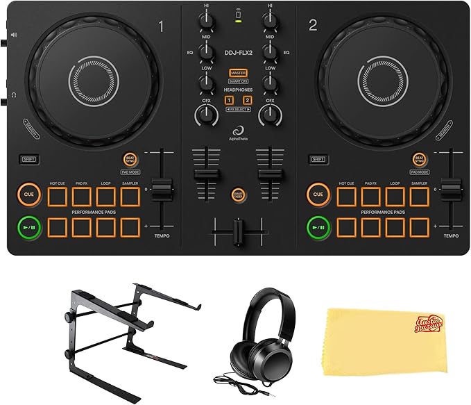 Pioneer DJ AlphaTheta DDJ-FLX2 Compact 2-Channel DJ Controller Bundle with Laptop Stand, Headphones, and Austin Bazaar Polishing Cloth