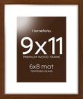 Homeforia 9x11 Picture Frame Brown, High End Dark Oak 9 x 11 Walnut Wooden Frames with Mat 6 by 8 Photo, 11x9 Wood Frame Matted to 6x8 Print, Wall or Tabletop Frame, Tempered Glass, Wall Kit, Set of 1