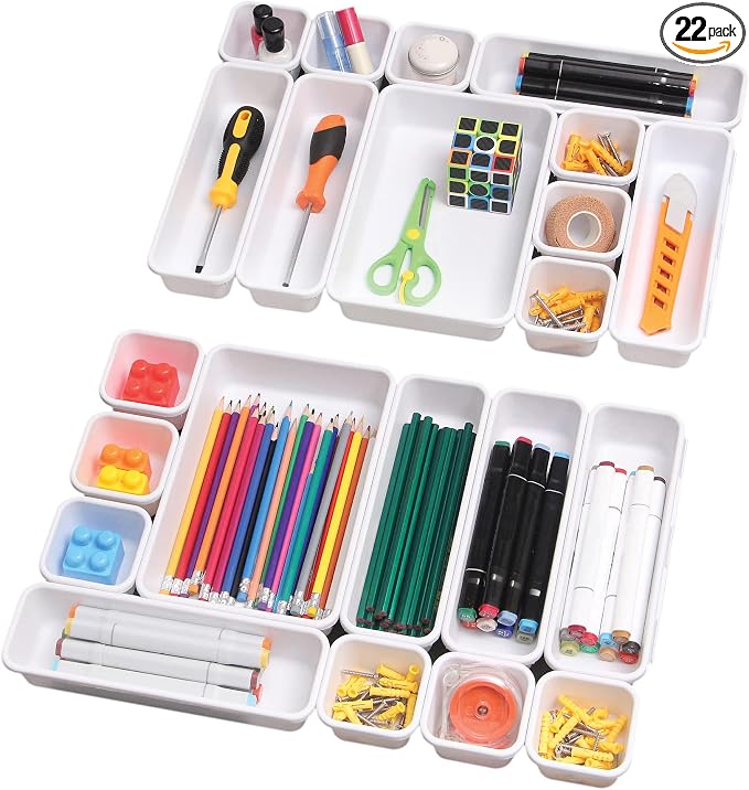 Set of 22 Interlocking Desk Drawer Organizer Tray Dividers Plastic Shallow by TENABORT