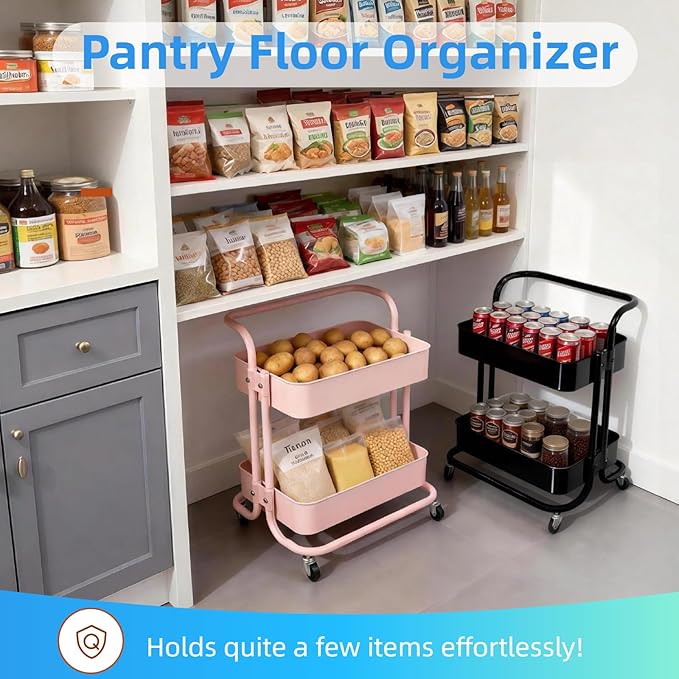 2 Tier Short Rolling Cart with Wheels All-Metal Pink Pantry Storage for Kitchen,Under Desk Trolley with Handle Small Wheeled Storage Cart for Laundry Room Bathroom, Under Table Small Space