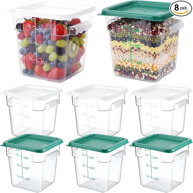 Lallisa 8 Pack 4 Qt Clear Food Storage Container with Handles and Lid Commercial Grade Square Food Containers with Lids Polycarbonate Storage Container for Home Kitchen Restaurant (White and Green)