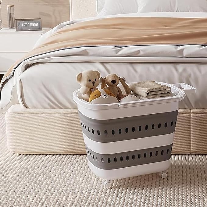 Folding Laundry Basket with Wheels Handle Collapsible Plastic Hamper 38L - Image 7