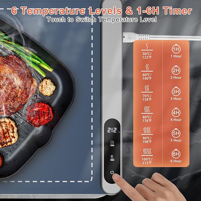 FYY Warming Mat for Food with Heat Resistant Pad, Prevent Countertop Cracks, Keep Meal Warm, Rapid and Full Surface Heating, 6 Temp Settings, 6H Timer, Upgraded Rollable Portable Food Warmer Mat Blue