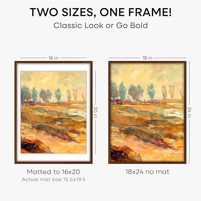 Homeforia 18x24 Walnut Poster Frame, High End Dark Oak 18x24 Brown Wooden Picture Frames with Mat 16x20, 18 x 24 Wood Frame Matted to 16 by 20, 24x18 Hanging Frames, Tempered Glass, Wall Kit, Set of 2