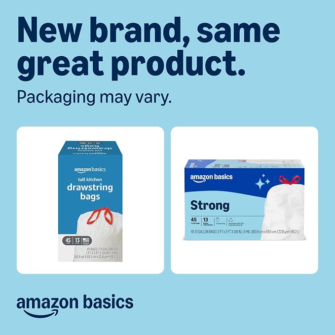 Amazon Basics Trash Bags, Tall Kitchen Drawstring, 13 Gallon, Packaging May Vary - Image 2