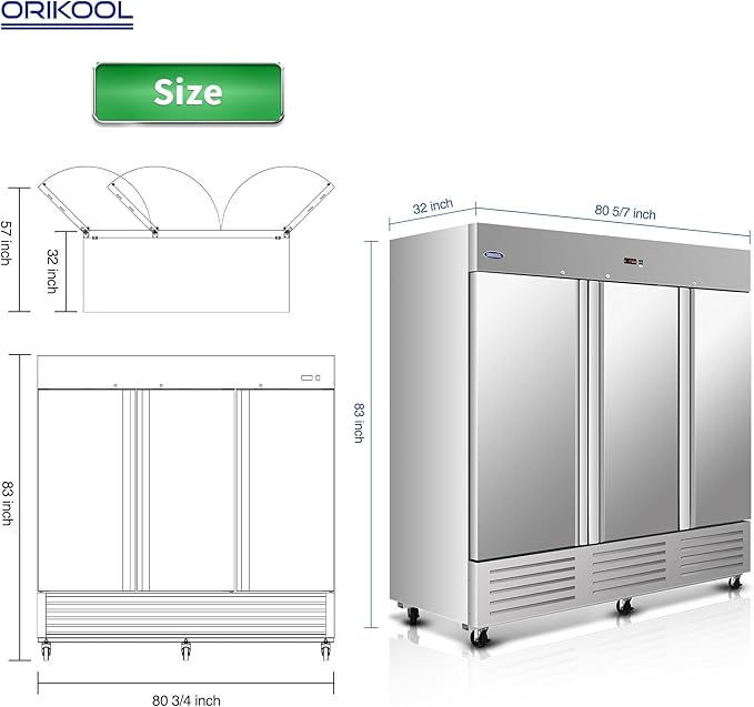 81" W Commercial Reach-In Upright Refrigerator - 3 Door Stainless Steel Fridge, 72 Cu.ft Capacity, 3 Adjustable Shelves, Auto Defrost, Digital thermostat control, LED Lighting