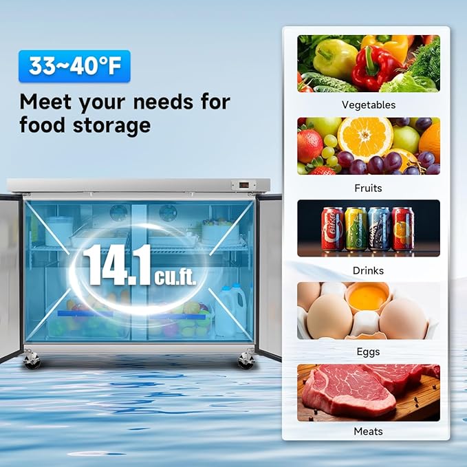 DeepTide 48" W Commercial Undercounter Worktop Refrigerator, 14 Cu.ft Commercial Refrigerator with 2 Door, 33-40°F, Stainless Steel, ETL&DOE, for Restaurants, Stores, kitchen
