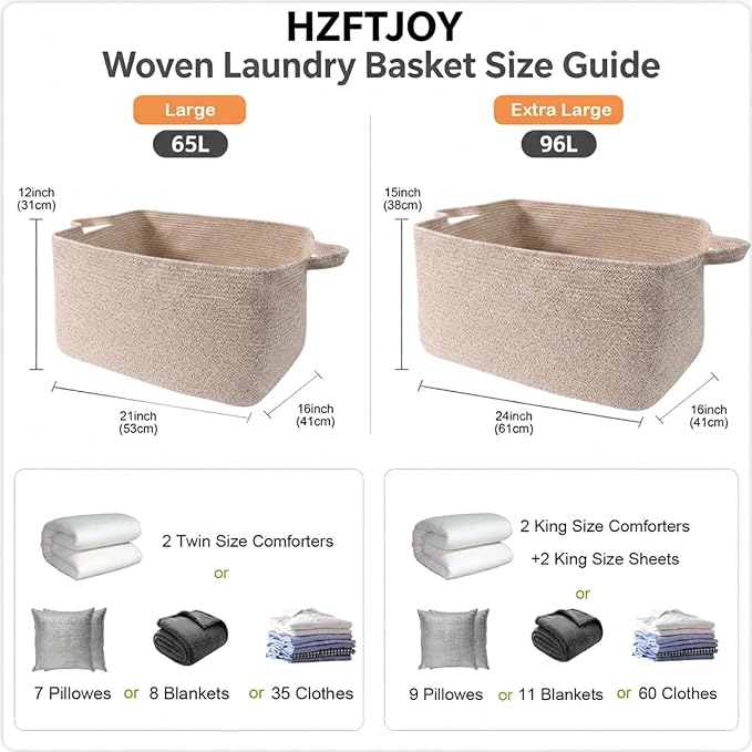 96L Woven Laundry Basket with Handles, Extra Blanket Basket - Image 2