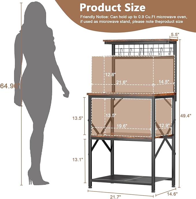 Furologee Kitchen Bakers Rack with Hutch, Coffee Bar Station 4 Tiers, Microwave Oven Stand with 6 S Hooks and Pegboard, Kitchen Microwave Rack for Spice Organizer Workstation, Rustic Brown