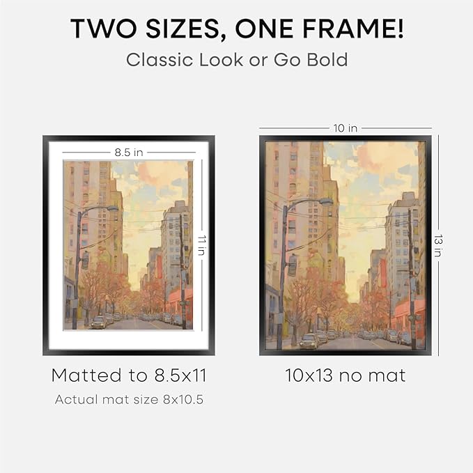 Homeforia Black 10x13 Picture Frame, High End Metal 10x13 Poster Frames with Mat 8.5x11, 10 x 13 Black Frames Matted to 8.5 x 11 inch Photo, 10 by 13 Hanging Frames, Tempered Glass, Wall Kit, Set of 1