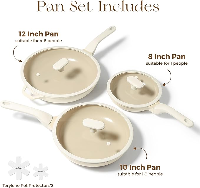 PRICUSIS 8Pcs Nonstick Ceramic Frying Pan Set, 8+10+12 Inch Induction Compatible with Stay Cool Handle, Fully Coated, 100% Dishwasher Safe, Healthy PTFE PFAS & PFOA Free Omelet Pans (Coconut White)