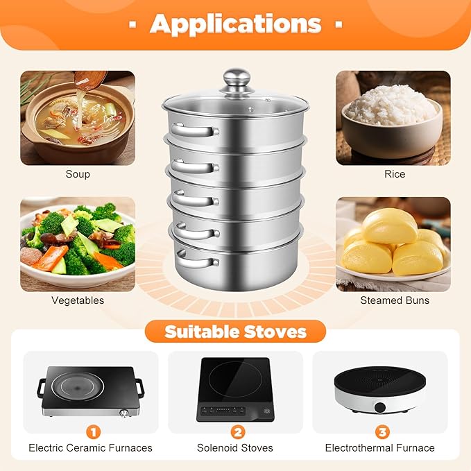 5 Tier Stainless Steel Steamer Pots Stackable Pan Steamer Cooking Pots Steam Canner with Lid Cookware Steaming Pots for Kitcken (26CM)