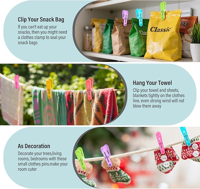56 PCS Clothespins Plastic Small Clips 2 inch Clothes Pins 7 Colors | 7 Bright - Image 4