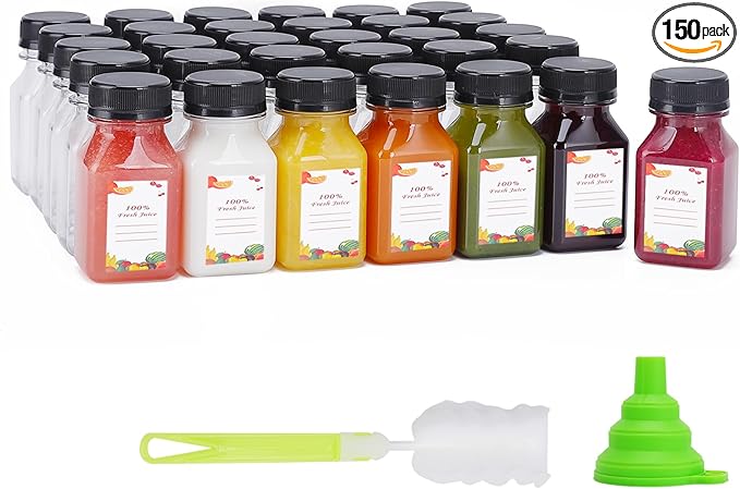 Plastic Juice Bottles 150 pcs 4 oz Empty Plastic Water Bottles with Caps Reusable Clear Beverage Containers for Drinking, Juicing, Smoothie, Water with 2 Brushes, 2 Funnels, 160 Stickers (4 OZ)