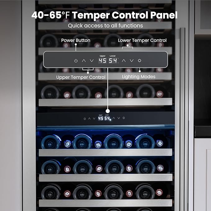 Yeego 24 Inch Wine Fridge Cooler - 89 Bottles Dual Zone Wine Cooler with Glass Door, 40-65℉ Built-In or Freestanding Wine Refrigerator with Lock and 2 Color LED for Kitchen Bar Office (Left-Hinged)