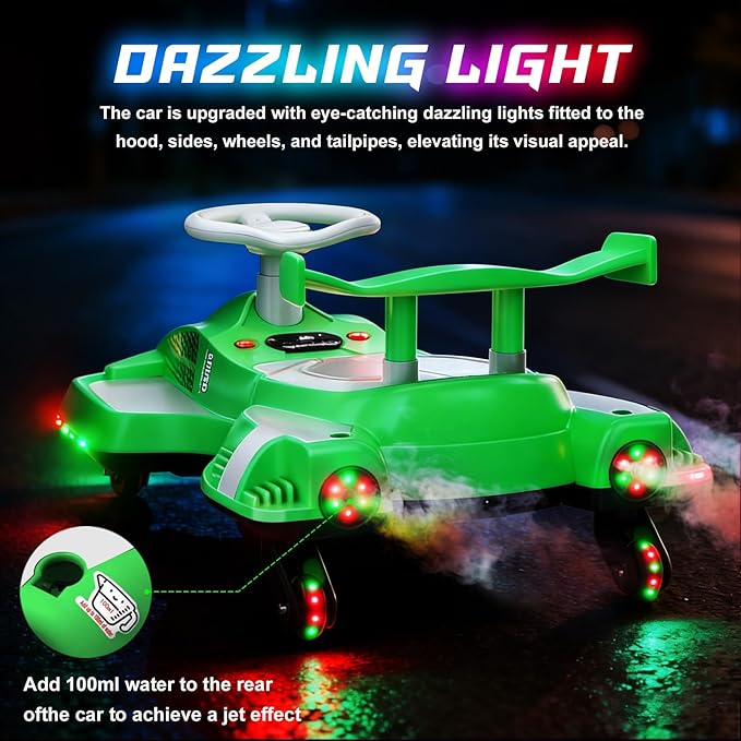 12V Electric Wiggle Car With Pedal, Ride On Car Toy For Kids From Ages 3 And Up, Birthday Gifts for Boys and Girls, Anti-Rollover, Flashing Wheels, Bluetooth, 140Lbs, Tailpipes jet effect(Green+White)
