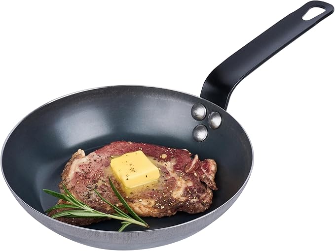 Restaurantware-Met Lux 8 Inch Fry Pans, 6 Lightweight Frying Pans - Induction-Ready, Triple-Riveted, Black Carbon Steel Cooking Skillets, Durable, For Searing, Sauteing, And Browning Food
