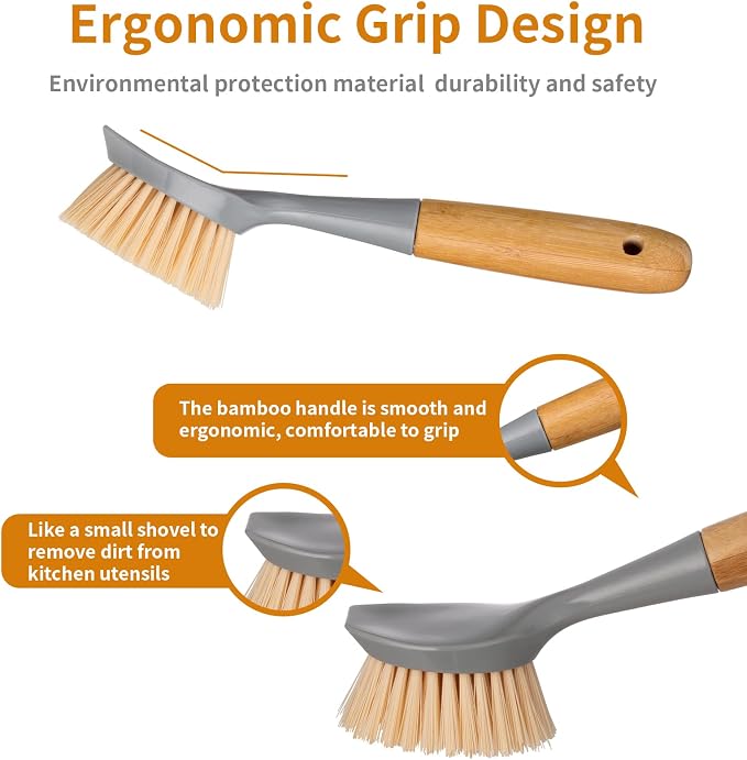 2 Pack Kitchen Dish Brush Bamboo Handle Dish Scrubber Built-in Scraper | Scrub - Image 4