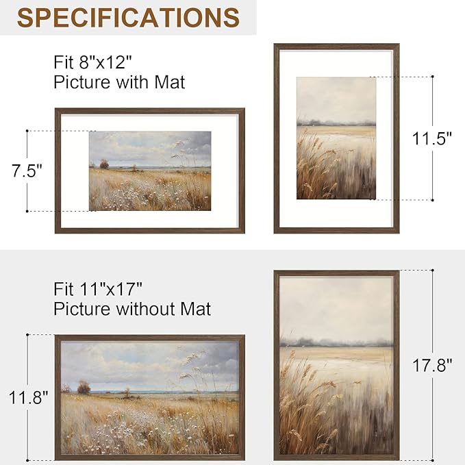 Vittanly 11x17 Picture Frame Set of 2, Solid Wood Frame for Wall Art Photo and Prints, Display Photo 8x12 with Mat or 11x17 without Mat, Brown