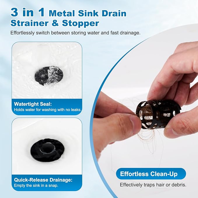 Hibbent Universal Bathroom Sink Drain Strainer, 3 in 1 Pop Up Stopper | - Image 6