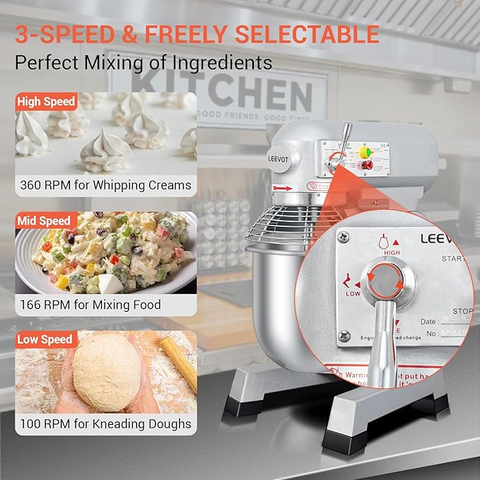 20QT Commercial Planetary Stand Mixer, Heavy Duty Dough Mixer with 60-Min Timer & Splatter Guard, 3 Speeds for Kneading, Creaming, Whipping, for Bakery, Pizzeria, Restaurant