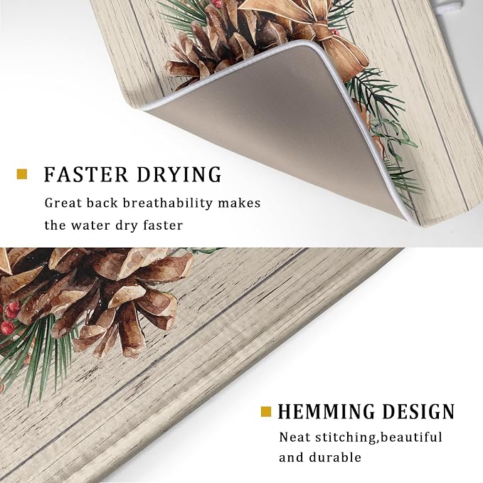 Winter Pine Cone Dish Drying Mat Holly Berries Dish Draining Mat Microfiber - Image 3