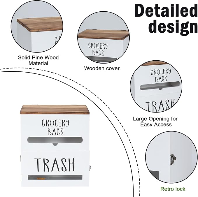 2 in 1 Trash Bag Holder with Grocery Bag Holder, Wooden Trash Bag Dispenser - Image 2