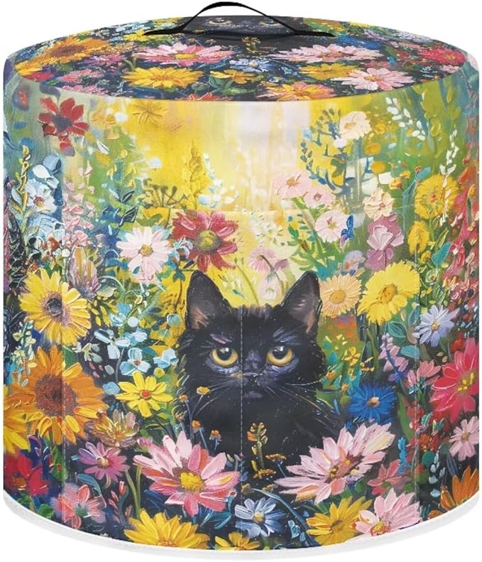 Xoenoiee Black Cat Vibrant Floral Print Kitchen Appliance Dust Cover with Pockets, Electric Pressure Cooker Cover for 8qt Compatible with Crock Pot, Rice Cooker Cover