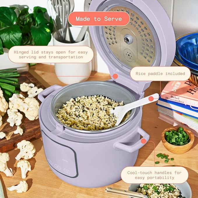 Beautiful 14-Cup Electric Rice & Grain Cooker, Ceramic Nonstick, 8 Presets, Slow Cook, Steamer Tray (Lavender)