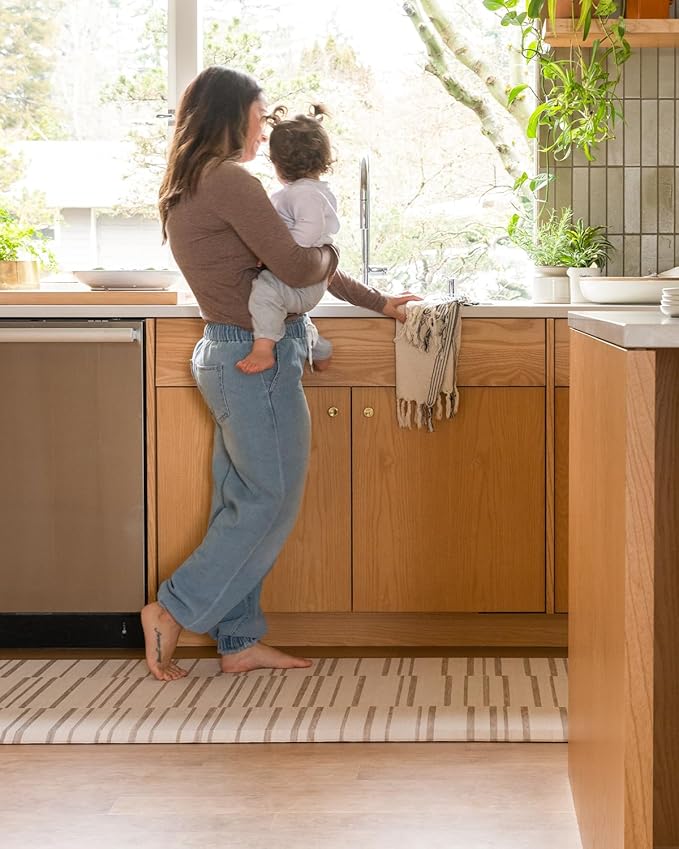 House of Noa Nama Standing Mat – Anti-Fatigue Cushioned Kitchen Mats for Floor | Ergonomic Bounce-Back Foam Kitchen Mats | Anti-Fatigue Mats for Kitchen & Standing | Nara Stripe Natural | 30" x 108"