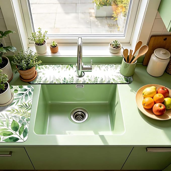3 Pcs 2 Size Kitchen Sink Splash Guard Faucet Mat Watercolor Leaves Pattern - Image 6