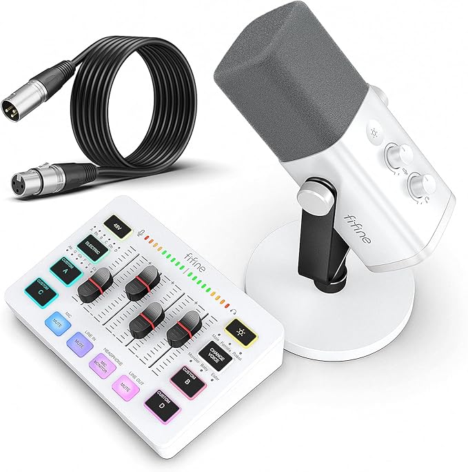 FIFINE Gaming Equipment Bundle, XLR/USB Streaming Dynamic Microphone with Audio Mixer Set, Podcast Recording Mic with Gain Knob, PC Mixer with Slider Fader Kit for Video, Game Voice-Ampligame KS5W