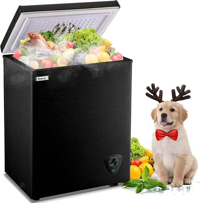 Chest Freezer WANAI 3.5 Cubic Deep Freezer with Top Open Door and Removable Storage Basket, 7 Gears Temperature Control, Ideal for Office Dorm or Apartment, Black