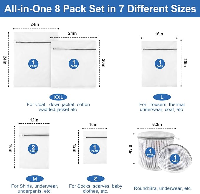 8 Pack Mesh Laundry Bags for Delicates, Laundry Bags Mesh Wash Bags in 7 Sizes - Image 2
