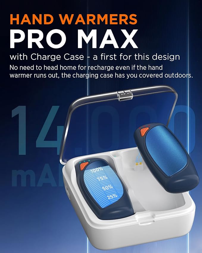 Hand Warmers Rechargeable with Charge Case, 2 Packs 14,000mAh Electric Hand Warmer Battery Powered Dual Sided Reusable Long Battery Life Portable Pocket Heater Gifts for Men Women Golf, Hunting Gear