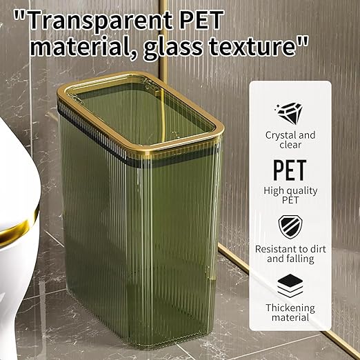 Transparent Trash Can, Bathroom Trash Cans with Lids, 2.6 Gallon Garbage Can for Bedroom, Office, Plastic Slim Waste Basket with Press Top Lid, 10L Clear Trash Bin for Home, Kitchen (Green)