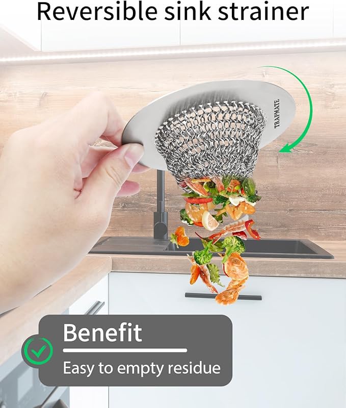 TRAPMATE Kitchen Sink Drain Strainer, Reversible Chain Mesh Sink Strainer, 304 Stainless Steel Anti-Clogging & Easy Clean Sink Strainer Basket, Fits US Standard Kitchen Sink Drains, Dishwasher Safe
