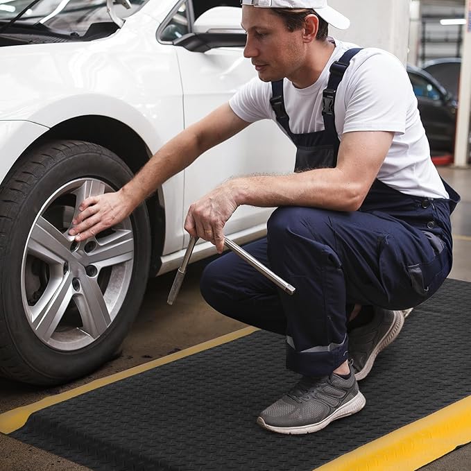 3 x 6 FT Anti Fatigue Mats Industrial 15/16 Inch Thick Soft Sponge Ergonomic Mat Durable Heavy Duty Diamond Plate for Standing Non Slip Industrial Grade Floor Mat for Leg & Back Pain