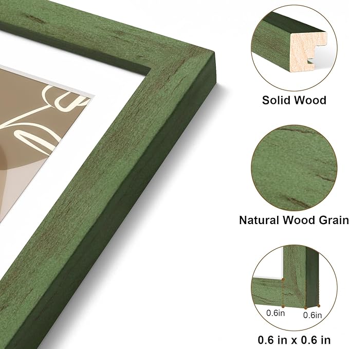 Vittanly 11x17 Picture Frame, Solid Wood Frame with Plexiglass, Includes 8x12 Mat, Wall Hanging for Photos, Home Decor, Rustic Green, 1 Pack