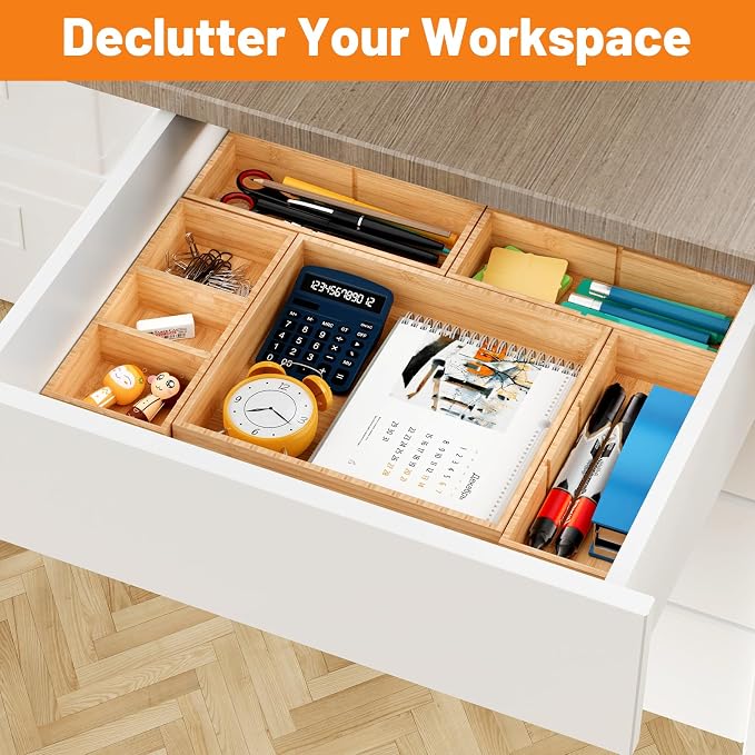 Bamboo Drawer Organizer, 10-Piece Stackable Trays - Image 7