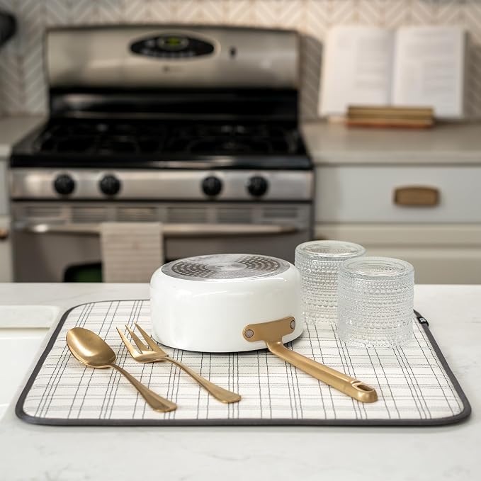 S&T INC. Dish Drying Mat, Stitched Plaid | Absorbent Microfiber, Kitchen - Image 4