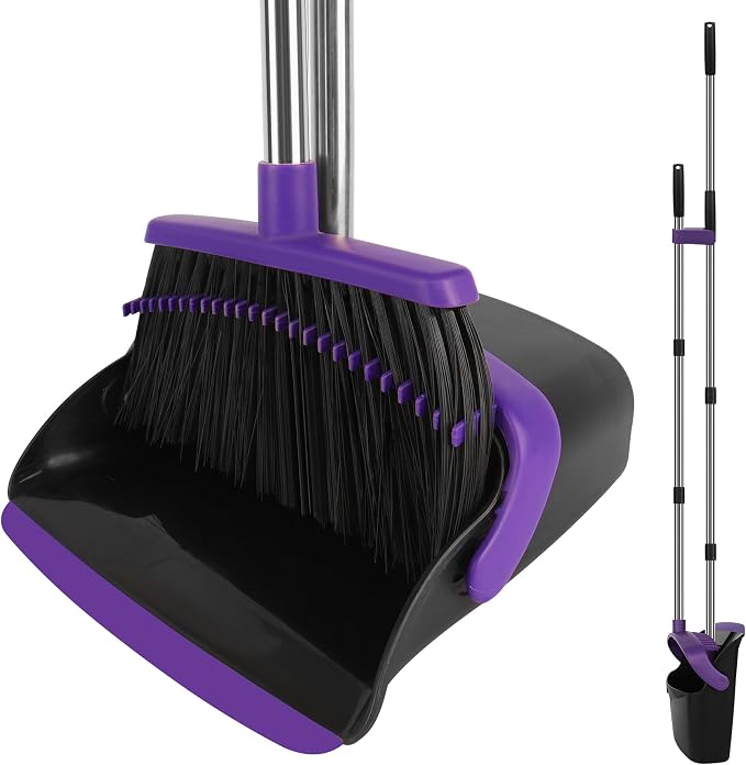 Purple Broom and Dustpan Combo Set, Extended Reach Design, Built-in Comb Dustpan by UDUK