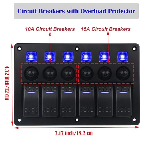 6 Gang Boat Rocker Switch Panel Marine Switch Panel Waterproof Marine Toggle Switches ON/Off with Circuit Breaker for Car RV Truck Automotive 12V-24V