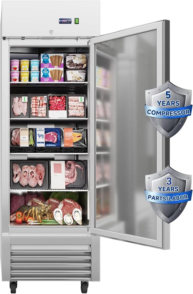 JINSONG 27" Commercial Freezer with Single Solid Door, 23 cu.ft Stainless Steel Reach-in Freezer for Restaurant, Bar, Shop, Residential, with 4 Shelves and 4 wheels