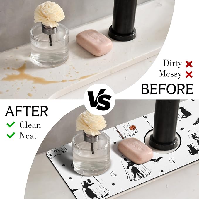 Halloween Kitchen Sink Splash Guard Faucet Mat, Cats Ghosts Bat Halloween - Image 3