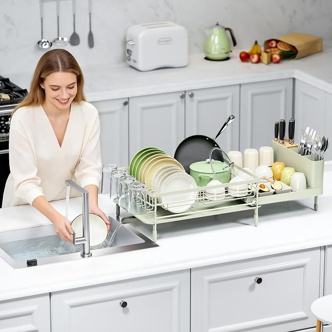 Urackify Extendable Dish Rack, 18.5"-26.7" L x 12.7" W, Soft Celery Green | - Image 9