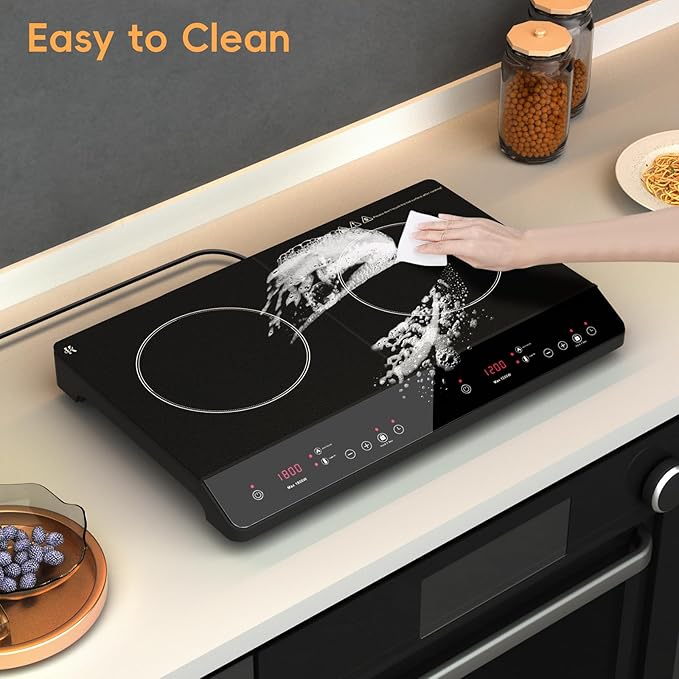 Double Induction Cooktop, 1800W Portable Induction Cooktop 2 Burner Independent Touch Control, Ceramic Electric Stove with 9 Temperature and Power Level, Safety Lock, 3 Hour Timer - Black
