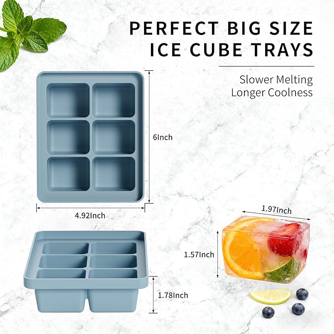 Large Silicone Ice Cube Tray Set of 3, Easy Release 6 Flexible Silicone Ice Cube Molds with Removable Lid, Reusable Freezer Stackable Ice Trays for Whiskey, Baby Food, No Floater, BPA Free