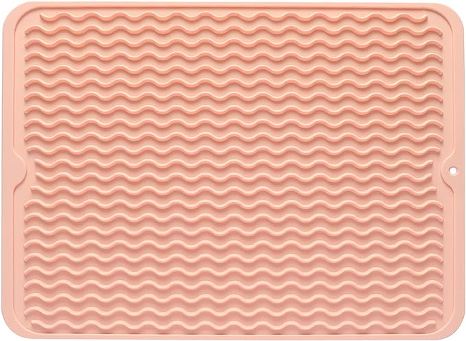 Silicone Dish Drying Mat for Multiple Usage,Easy clean,Eco-friendly,Heat-resistant Silicone Mat for Kitchen Counter or Sink,Refrigerator or drawer liner Pink L 16 inches x 12 inches